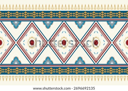 Tribal diamond border pattern in cream, blue, orange, and red tones. Ethnic boho textile inspired design with geometric elements, ideal for fabric prints, fashion trims, wallpaper, and home decor acce