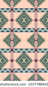 Tribal diamond pattern with green and pink. Tribal Native American seamless inspired design for scarf kerchief shirt fabric tablecloth pillow carpet rug phones cases clothing textile fabric print.