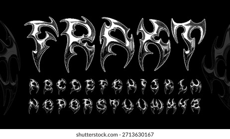 Tribal display typeface alphabet with sharp letterforms and halftone stipple texture, reflecting a y2k-inspired underground metal and analog print aesthetic