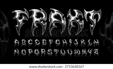 Tribal display typeface alphabet with sharp letterforms and halftone stipple texture, reflecting a y2k-inspired underground metal and analog print aesthetic