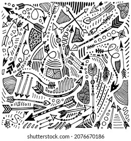 Arcos tribales de garabatos, fondo dibujado a mano. Patrón esquemático, colección de iconos de flecha en blanco. Ilustración vectorial.