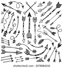 Tribal doodle arrows set, hand drawn background. Sketchy pattern, arrow icons collection on white. Vector illustration.