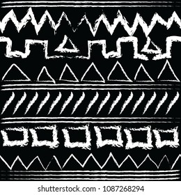 Tribal doodle grunge chalk border seamless pattern. Old aztec style abstract background. Geometric shapes, lines, stripes, triangles, squares, zigzag. Ethnic hand drawn ornaments. African tribe style