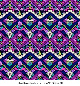 Tribal doodle pattern. Ethnic texture. Summer fabric design. Scribble geometric tribe shapes. Scrawl fabric ornament. Native seamless ornament for clothes or interior textile.