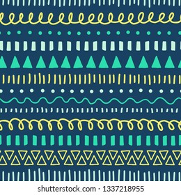 Tribal Doodles seamless vector pattern. Ethnic style background white, blue, yellow, teal. Hand drawn doodle strokes, lines, triangles repeating background. For fabric, web banner, kids decor