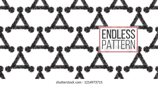 Tribal dot pointed triangles. Seamless pattern background. Black and white graphic. Geometric embroideries shapes in minimalistic ethnic, boho, aztec, hipster style.