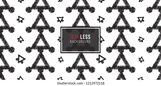 Tribal dotted triangles. Seamless pattern background. Black and white graphic. Geometric embroideries shapes in minimalistic ethnic, boho, aztec, hipster style.