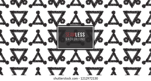 Tribal dotted triangles. Seamless pattern background. Black and white graphic. Geometric embroideries shapes in minimalistic ethnic, boho, aztec, hipster style.