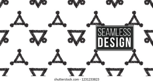 Tribal dotted triangles. Seamless pattern background. Black and white graphic. Geometric embroideries shapes in minimalistic ethnic, boho, aztec, hipster style.