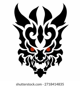 Tribal Dragon Demon Skull Vector Art, Fierce Black Mythical Creature with Red Eyes