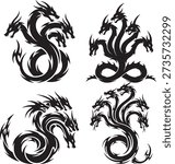 Tribal Dragon Silhouette Set with Multi Head Mythical Creatures in Black Tattoo Style Illustration for Logo Design, Mascot Branding, T Shirt, Sticker and Fantasy Art
