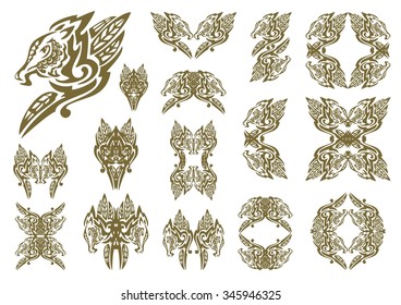 Tribal dragon symbols in leaves form. Set of decorative dragon head, dragon frames and other symbols formed from it