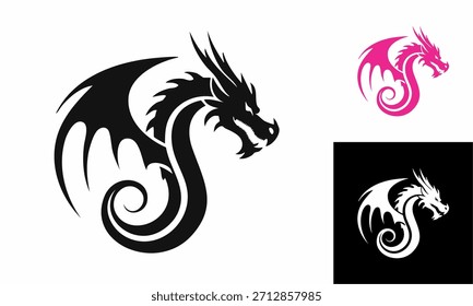 Tribal dragon tattoo design vector illustration, a black fantasy animal symbol silhouette element