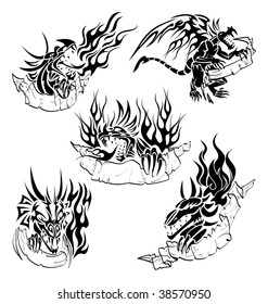 Tribal dragons with labels isolated on white