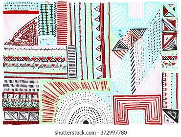 Tribal drawing pens and pencils, scribbles, lines, stripes, Indian figure.