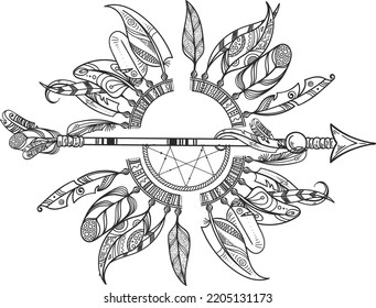 Tribal Dreamcatcher With Indian Arrow. Round Feather Frame