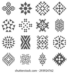 Tribal element patterns - Aztec black signs on white background. Traditional (native) American Indian patterns set. Folk ornamental textile swatches.