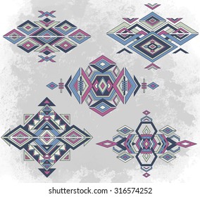 Tribal element patterns on grunge background. Traditional folk ornament