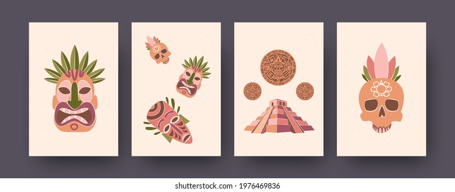 Tribal elements collection in ethnic style. Pyramids, ancient coins and scary masks. Cultural and historical concept for banner designs.