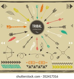 Tribal elements collection. Hand drawn ethnic collection with feathers, border, arrows, ethnic elements for design. Vector set with tribal, indian, aztec, hipster, boho elements.