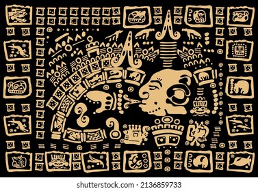 Tribal elements and symbols of ancient America on a black background. Patterns of the ancient civilizations.The Aztecs, Mayans, Incas.
