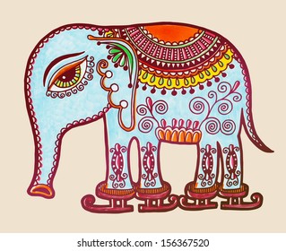 tribal elephant ice skating, ornamental marker drawing