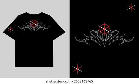 Design de vetor emblema tribal com destaque vermelho em preto tee. estilo de rua edgy perfeito para moda gótica ou metal-inspirado.