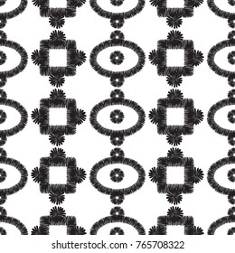 Tribal embroidery with aztec eye, dots, square. Vector abstract seamless pattern. Black graphic on white background. Geometric embroideries shapes in minimalistic ethnic, boho, aztec, hipster style.
