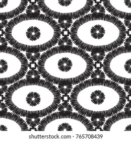 Tribal embroidery with aztec eye, dots, square. Vector abstract seamless pattern. Black graphic on white background. Geometric embroideries shapes in minimalistic ethnic, boho, aztec, hipster style.