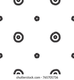 Tribal embroidery with circle dot and tiny dot. Vector abstract seamless pattern. Black graphic on white background. Geometric embroideries shapes in minimalistic ethnic, boho, aztec, hipster style.