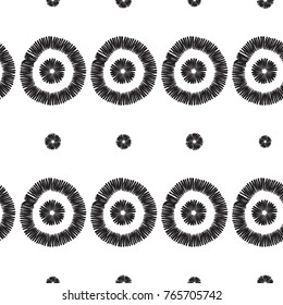 Tribal embroidery with circle dot and tiny dot. Vector abstract seamless pattern. Black graphic on white background. Geometric embroideries shapes in minimalistic ethnic, boho, aztec, hipster style.