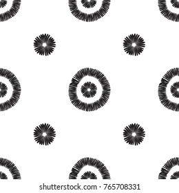 Tribal embroidery with circle dot and tiny dot. Vector abstract seamless pattern. Black graphic on white background. Geometric embroideries shapes in minimalistic ethnic, boho, aztec, hipster style.