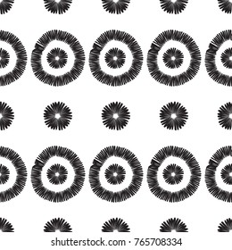 Tribal embroidery with circle dot and tiny dot. Vector abstract seamless pattern. Black graphic on white background. Geometric embroideries shapes in minimalistic ethnic, boho, aztec, hipster style.