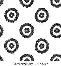 Tribal embroidery with circle dot. Vector abstract seamless pattern. Black graphic on white background. Geometric embroideries shapes in minimalistic ethnic, boho, aztec, hipster style.