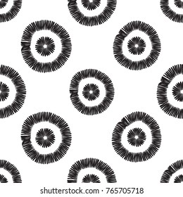 Tribal embroidery with circle dot. Vector abstract seamless pattern. Black graphic on white background. Geometric embroideries shapes in minimalistic ethnic, boho, aztec, hipster style.