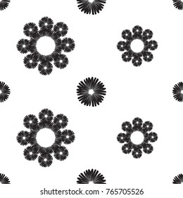 Tribal embroidery with daisy flower and tiny dot. Vector abstract seamless pattern. Black graphic on white background. Geometric embroideries shapes in minimalistic ethnic, boho, aztec, hipster style.