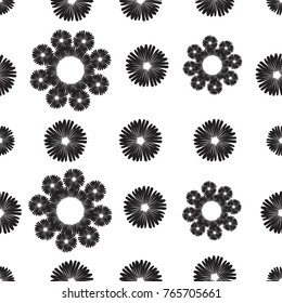 Tribal embroidery with daisy flower and tiny dot. Vector abstract seamless pattern. Black graphic on white background. Geometric embroideries shapes in minimalistic ethnic, boho, aztec, hipster style.