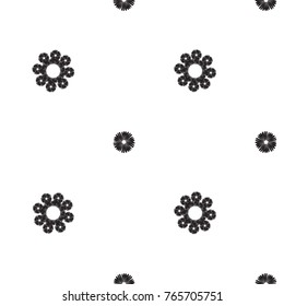 Tribal embroidery with daisy flower and tiny dot. Vector abstract seamless pattern. Black graphic on white background. Geometric embroideries shapes in minimalistic ethnic, boho, aztec, hipster style.