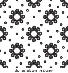 Tribal embroidery with daisy flower and tiny dot. Vector abstract seamless pattern. Black graphic on white background. Geometric embroideries shapes in minimalistic ethnic, boho, aztec, hipster style.