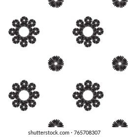 Tribal embroidery with daisy flower and tiny dot. Vector abstract seamless pattern. Black graphic on white background. Geometric embroideries shapes in minimalistic ethnic, boho, aztec, hipster style.