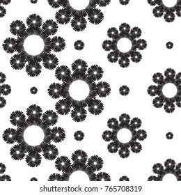 Tribal embroidery with daisy flower and tiny dot. Vector abstract seamless pattern. Black graphic on white background. Geometric embroideries shapes in minimalistic ethnic, boho, aztec, hipster style.