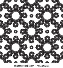Tribal embroidery with daisy flower and tiny dot. Vector abstract seamless pattern. Black graphic on white background. Geometric embroideries shapes in minimalistic ethnic, boho, aztec, hipster style.