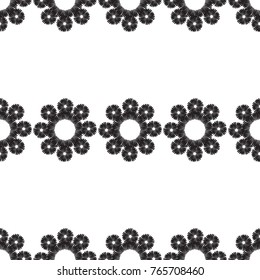 Tribal embroidery with daisy flower and tiny dot. Vector abstract seamless pattern. Black graphic on white background. Geometric embroideries shapes in minimalistic ethnic, boho, aztec, hipster style.