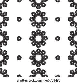 Tribal embroidery with daisy flower and tiny dot. Vector abstract seamless pattern. Black graphic on white background. Geometric embroideries shapes in minimalistic ethnic, boho, aztec, hipster style.