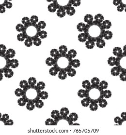 Tribal embroidery with daisy flower. Vector abstract seamless pattern. Black graphic on white background. Geometric embroideries shapes in minimalistic ethnic, boho, aztec, hipster style.