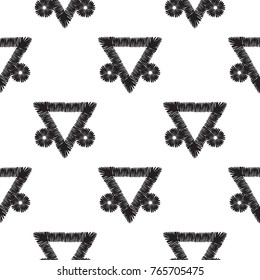 Tribal embroidery with decorative triangle. Vector abstract seamless pattern. Black graphic on white background. Geometric embroideries shapes in minimalistic ethnic, boho, aztec, hipster style.