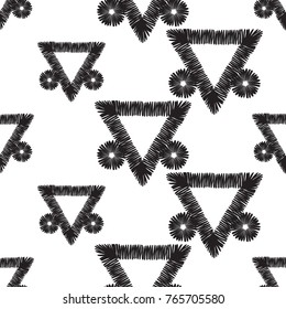 Tribal embroidery with decorative triangle. Vector abstract seamless pattern. Black graphic on white background. Geometric embroideries shapes in minimalistic ethnic, boho, aztec, hipster style.