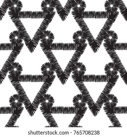 Tribal embroidery with decorative triangle. Vector abstract seamless pattern. Black graphic on white background. Geometric embroideries shapes in minimalistic ethnic, boho, aztec, hipster style.