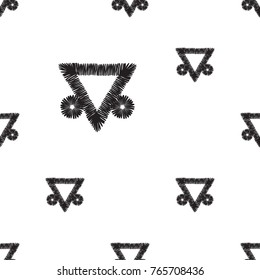 Tribal embroidery with decorative triangle. Vector abstract seamless pattern. Black graphic on white background. Geometric embroideries shapes in minimalistic ethnic, boho, aztec, hipster style.