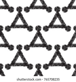 Tribal embroidery with dot pointed triangles. Vector abstract seamless pattern. Black graphic on white background. Geometric embroideries shapes in minimalistic ethnic, boho, aztec, hipster style.